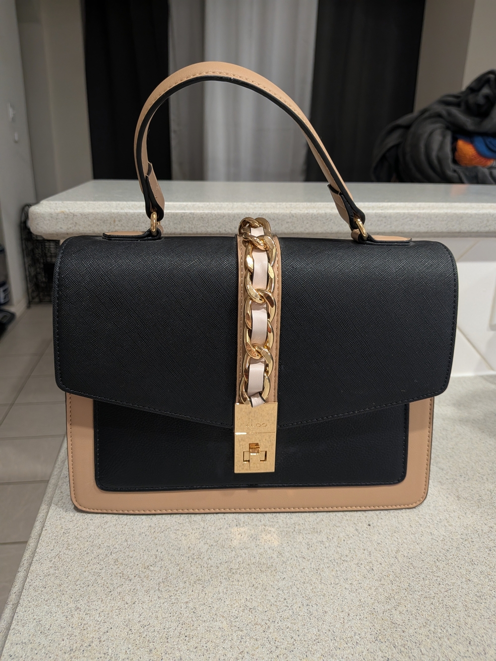 AldoTwo-Tone Black and Beige Top-Handle Satchel